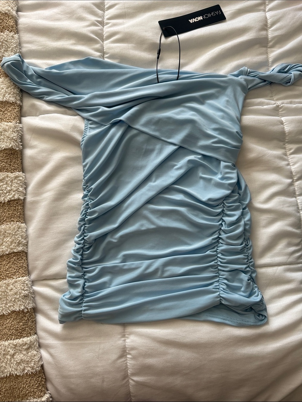 Fashion Nova Sky Blue One-Shoulder Ruched Mini Dress